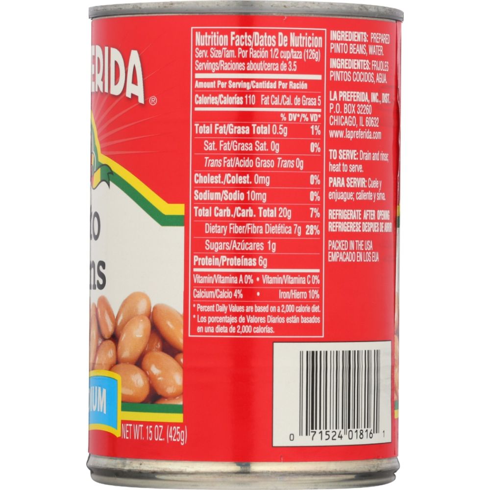 LA PREFERIDA: Low Sodium Pinto Beans, 15 oz