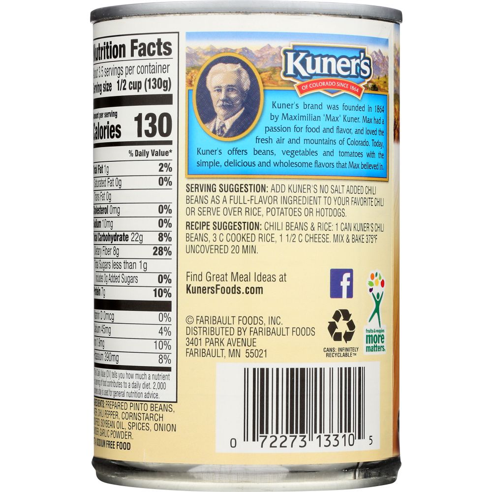 KUNER'S: Original Chili Beans in Chili Sauce No Salt Added, 15 Oz