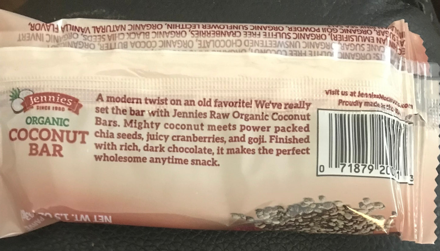 JENNIES COCONUT BAR WITH CRANBERRIES, CHIA, GOJI AND DARK CHOCOLATE