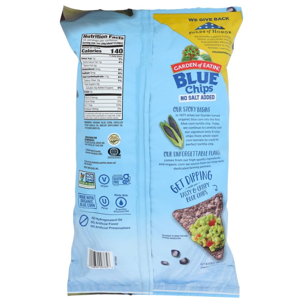 GARDEN OF EATIN: Blue Corn Tortilla Chips No Added Salt, 16 oz