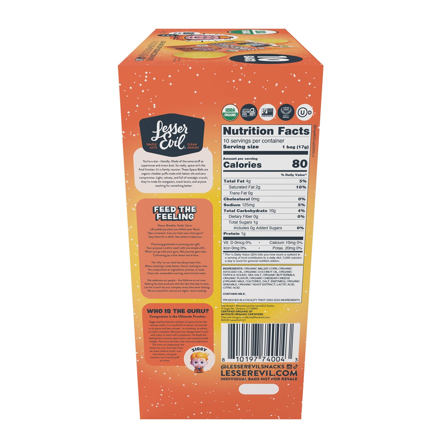 LesserEvil Space Balls, Snack Pack box, Real Cheese