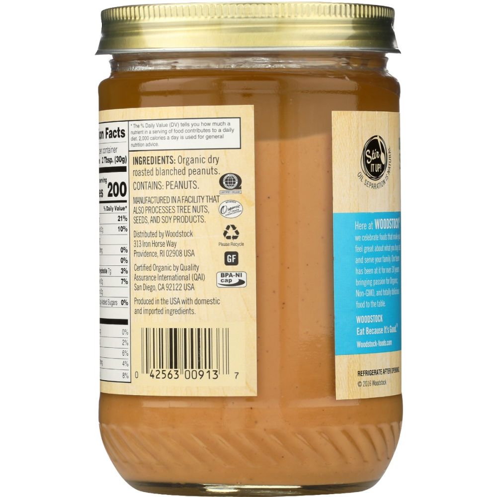 WOODSTOCK: Peanut Butter Smooth & Unsalted Organic, 16 oz