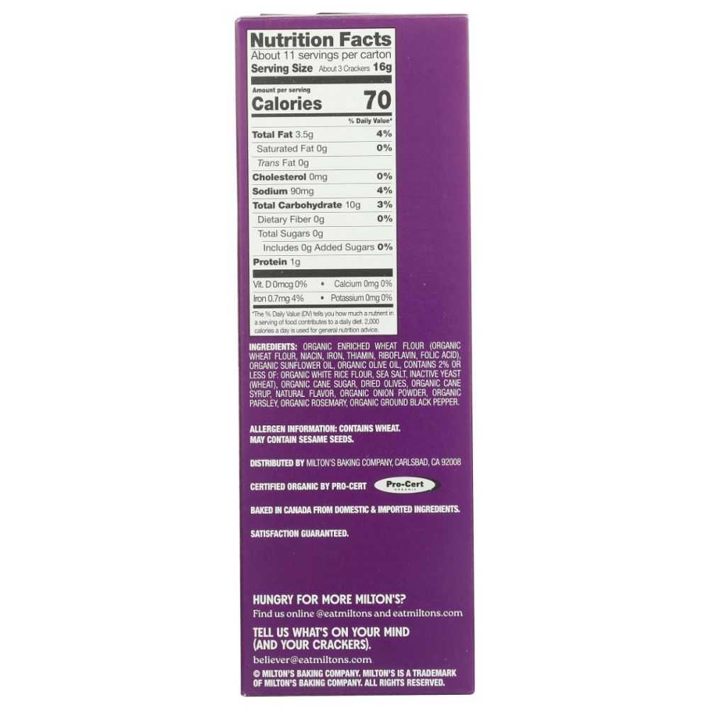 MILTONS: Olive Oil and Sea Salt Organic Crackers, 6 oz