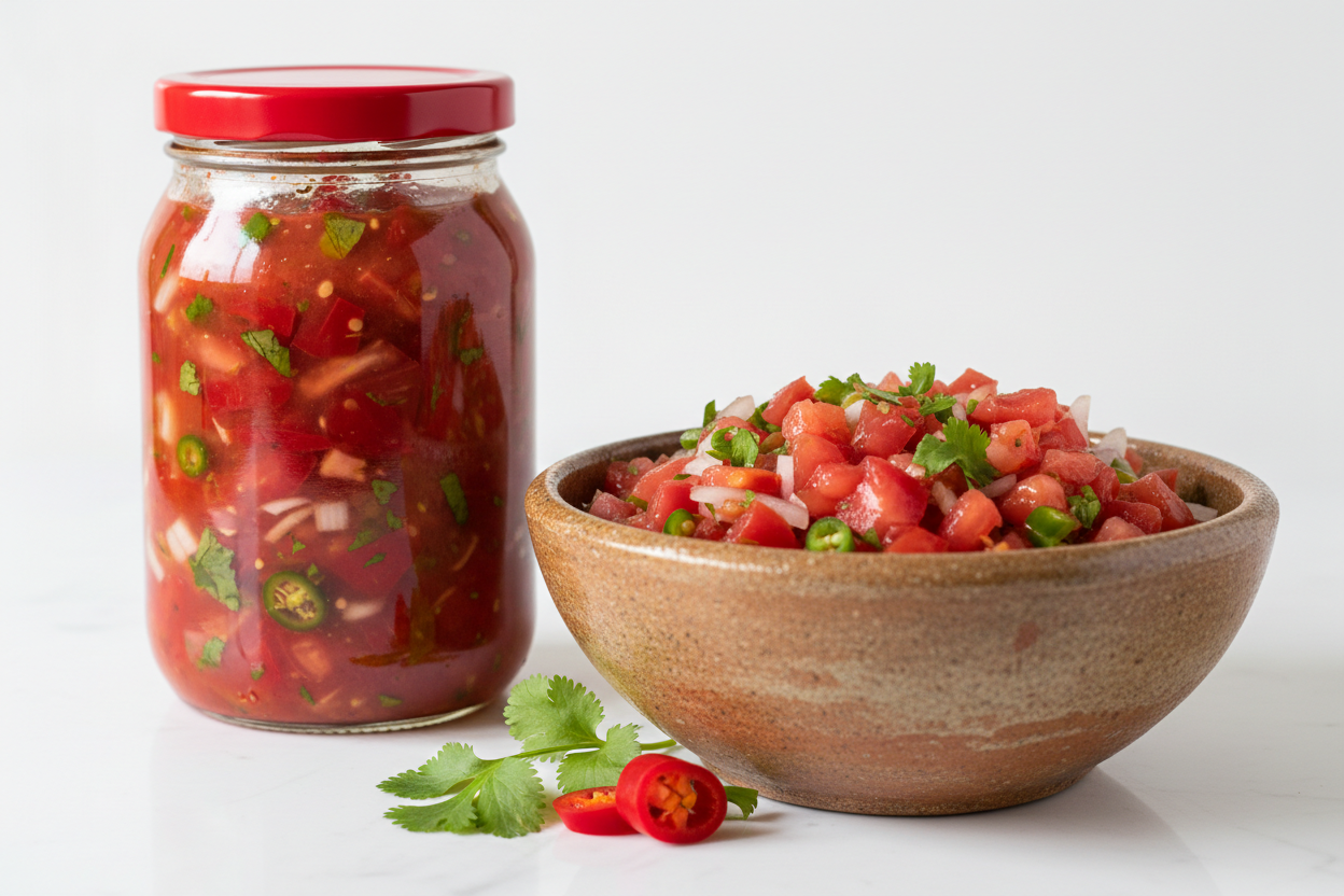 Jar of salsa and bowl of ingredients 