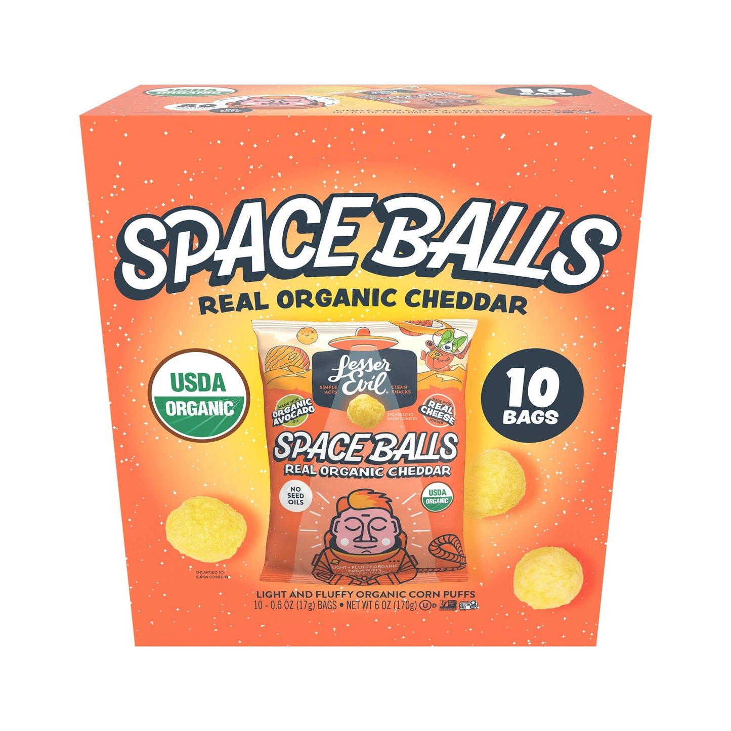 LesserEvil Space Balls, Snack Pack box, Real Cheese