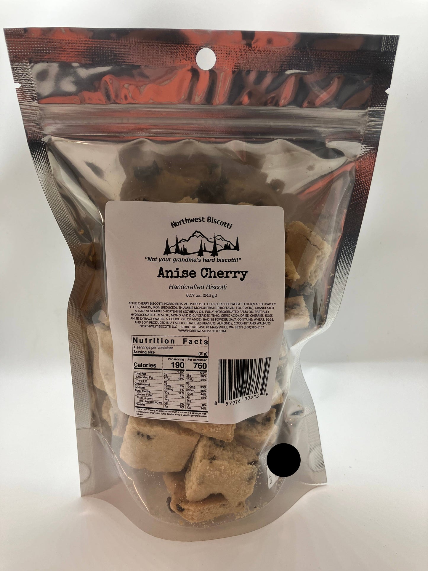Bag of Anise Cherry treats with a label on a white background
