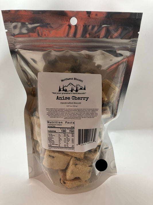 Bag of Anise Cherry treats with a label on a white background