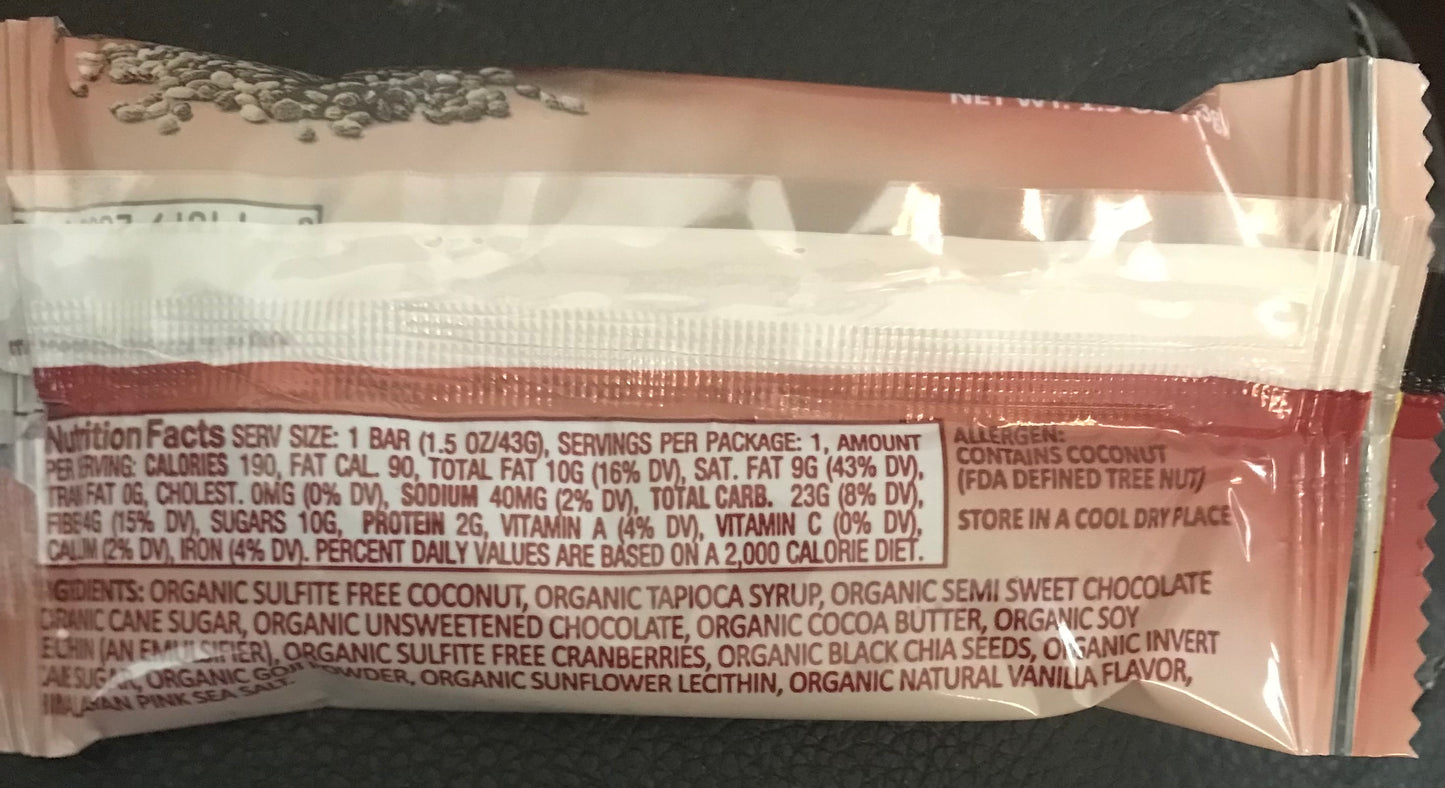 JENNIES COCONUT BAR WITH CRANBERRIES, CHIA, GOJI AND DARK CHOCOLATE