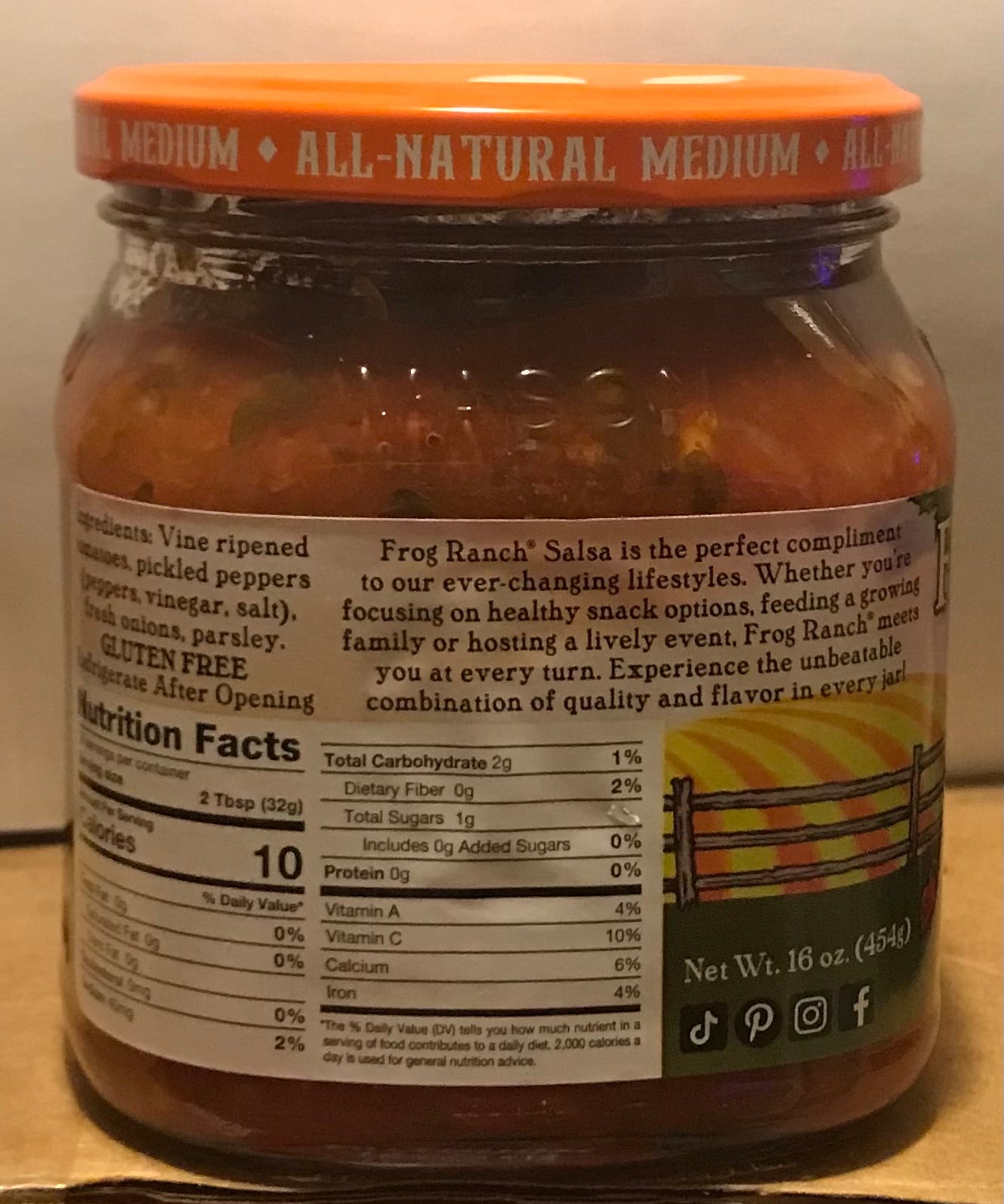 Jar of Frog Ranch Salsa with label showing nutrition facts and ingredients.