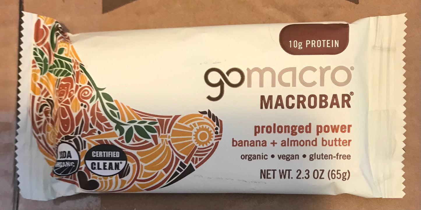 gomacro Macrobar packaging with banana and almond butter flavor on a brown background