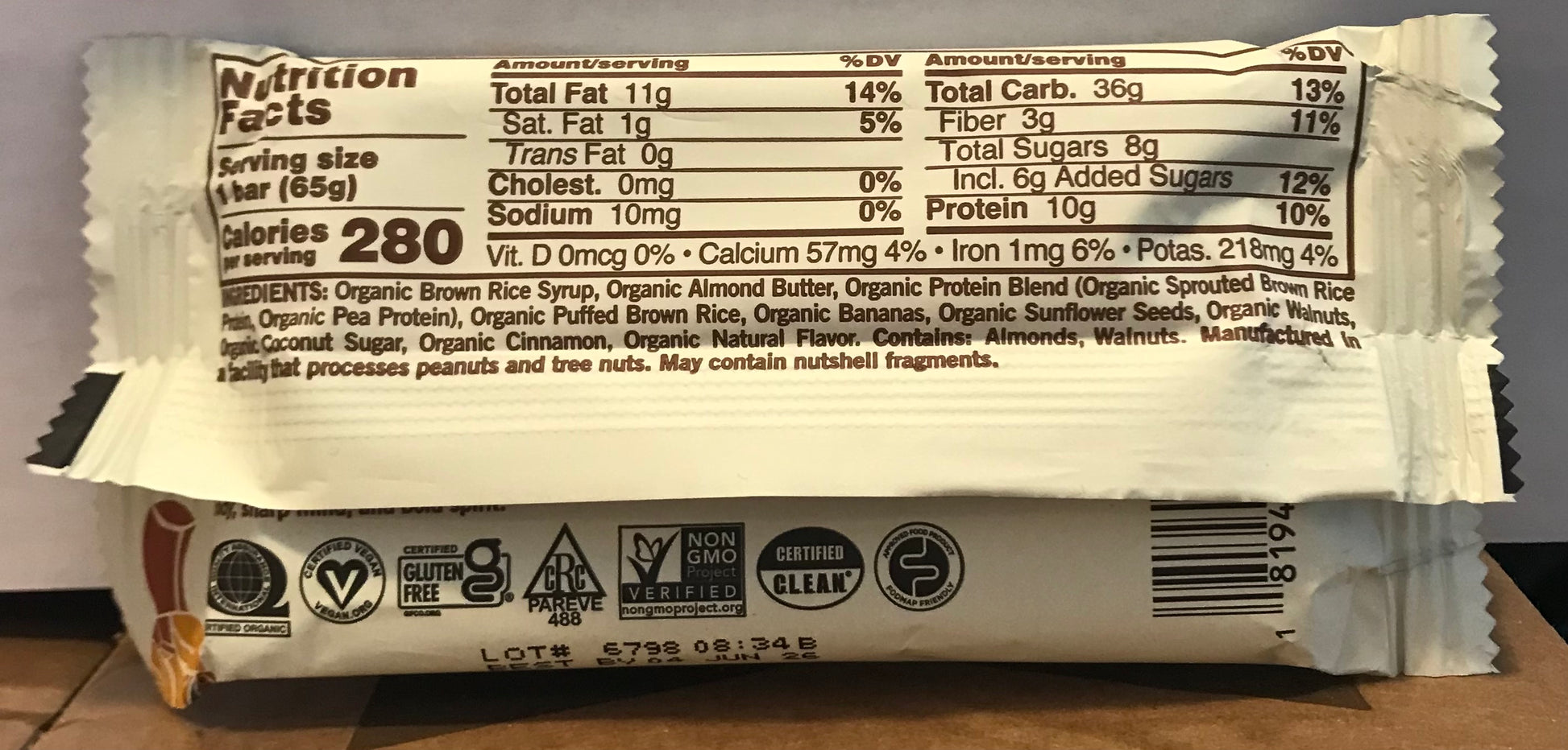 Nutrition facts label on a food package with various certification logos.