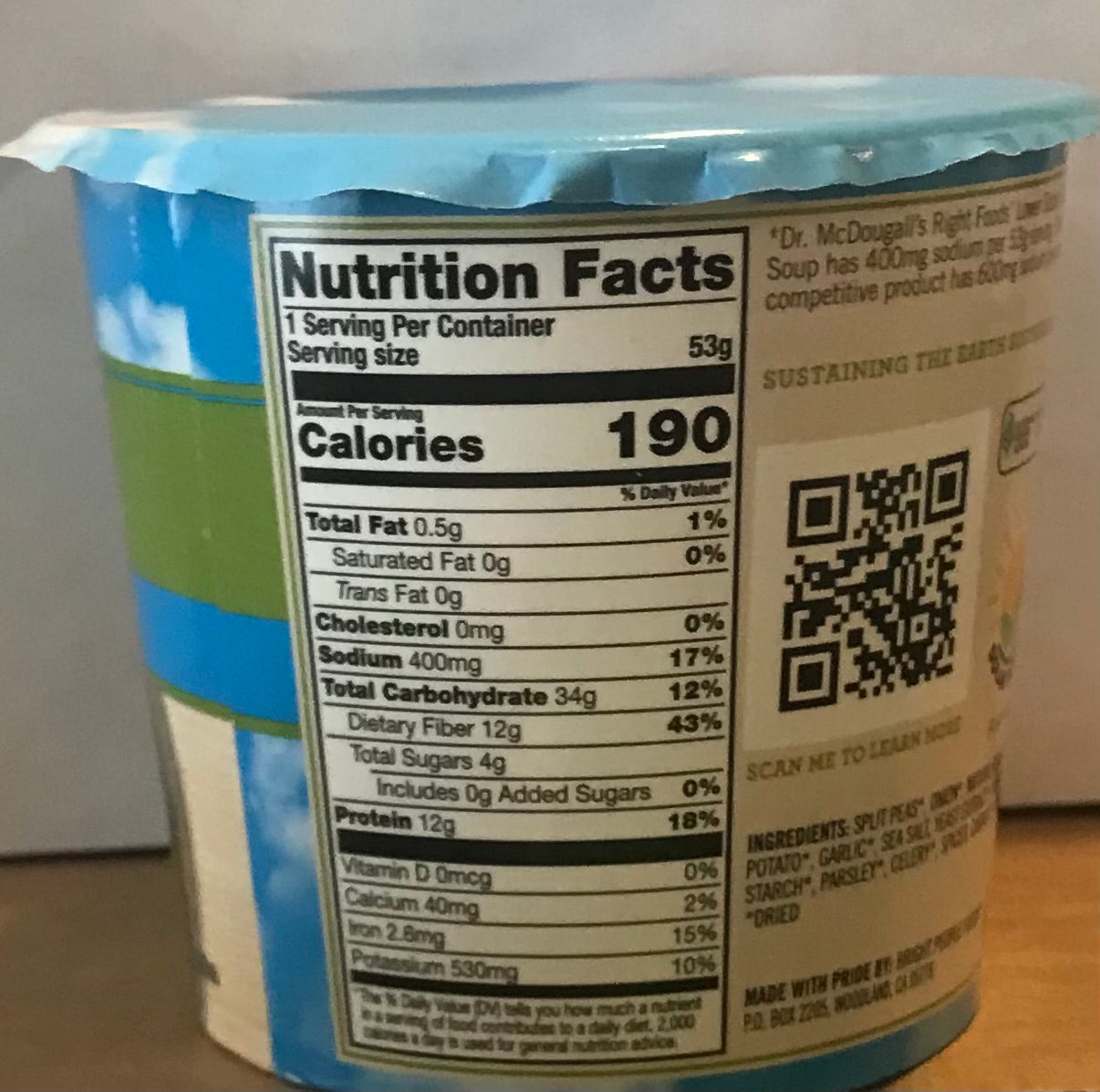 Dr. Mcdougall's Vegan Split Pea Lower Sodium Soup Cup
