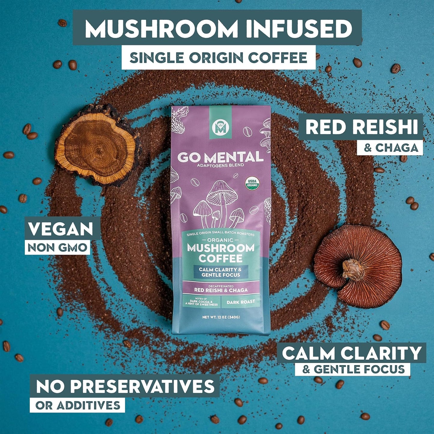 Decaffeinated Red Reishi & Chaga Mushroom Coffee Adaptogens Blend