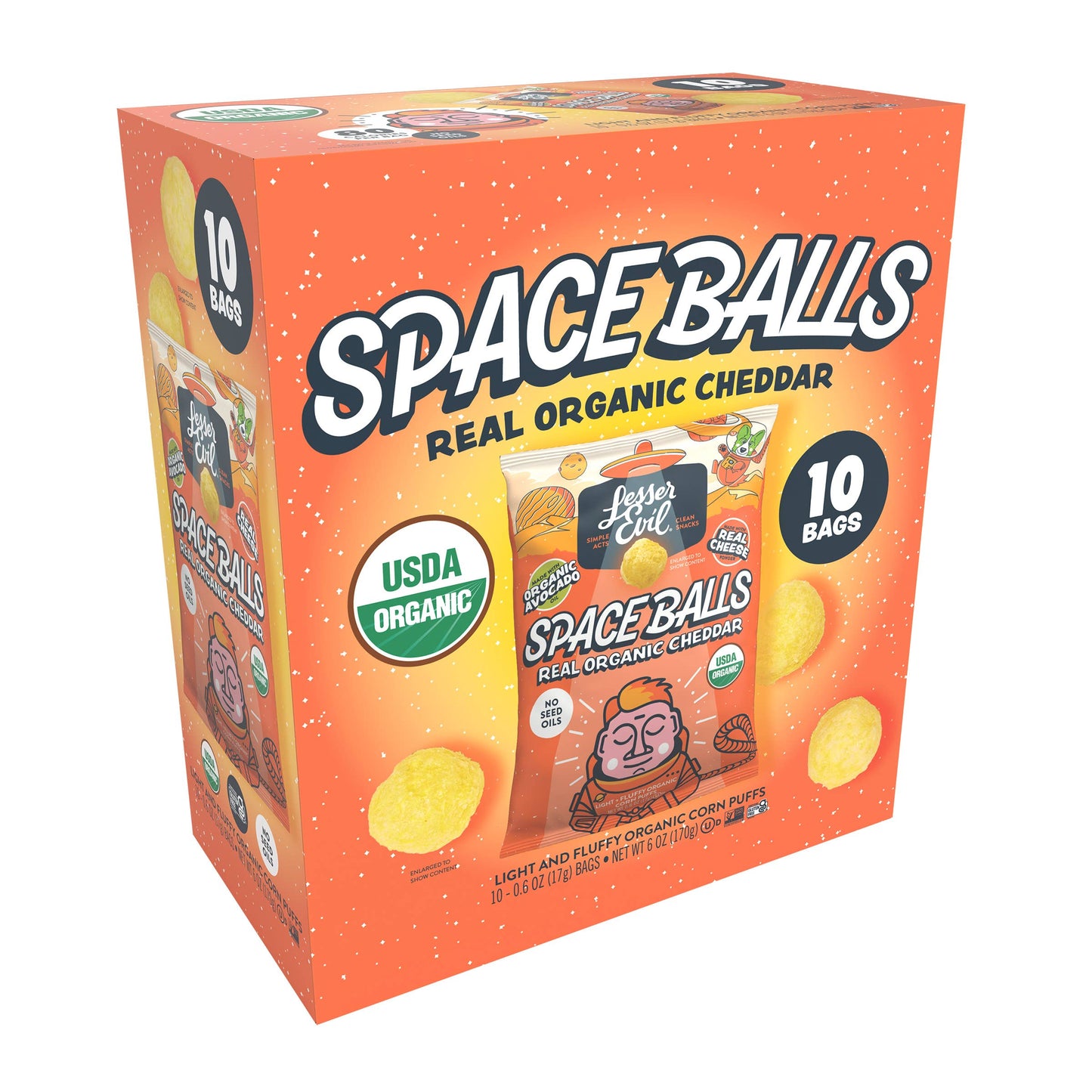 LesserEvil Space Balls, Snack Pack box, Real Cheese