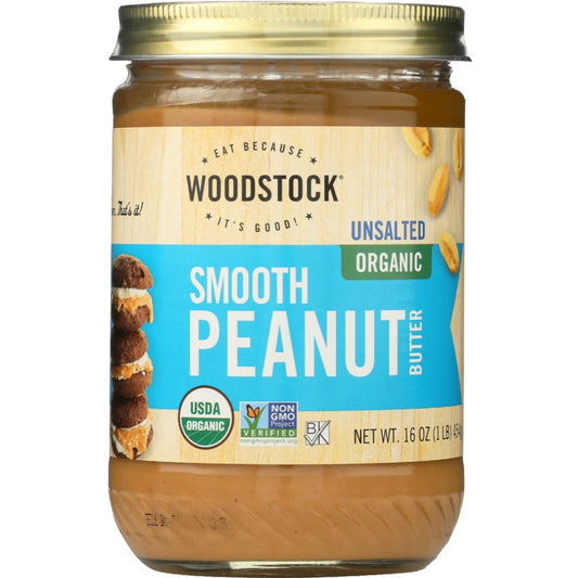 WOODSTOCK: Peanut Butter Smooth & Unsalted Organic, 16 oz
